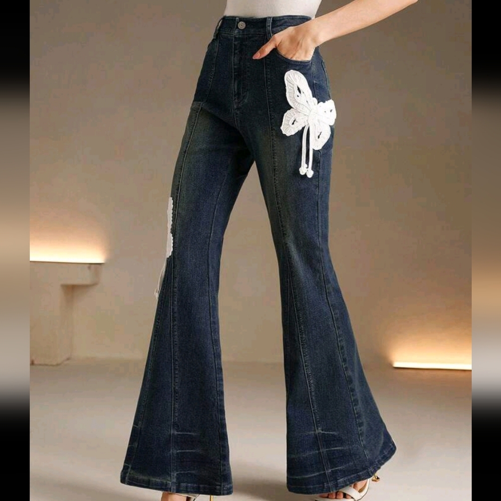 Fashion Modern Butterfly Design Flare Pants, Women's Commuter Outfit, Deep